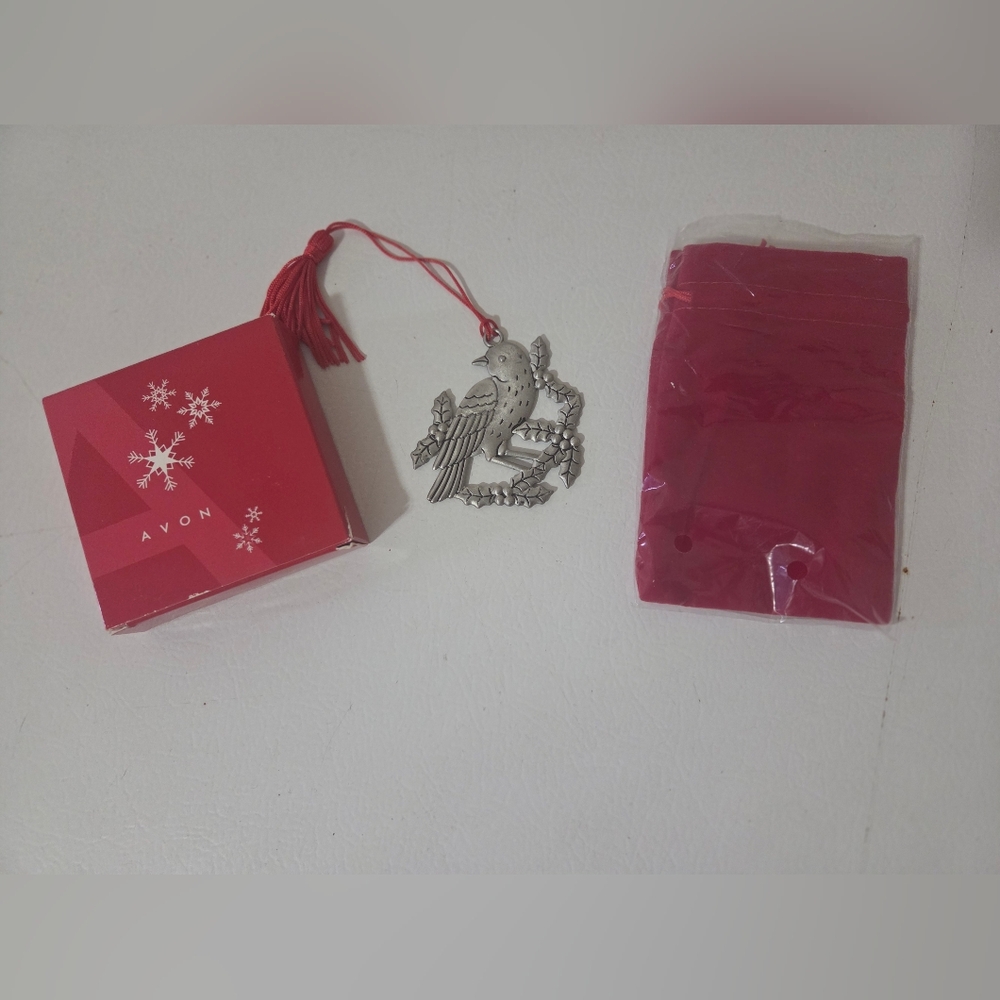 Avon 2020 Pewter Bird Christmas Chick Ornament 3" Red Tassel Original Bag/Box